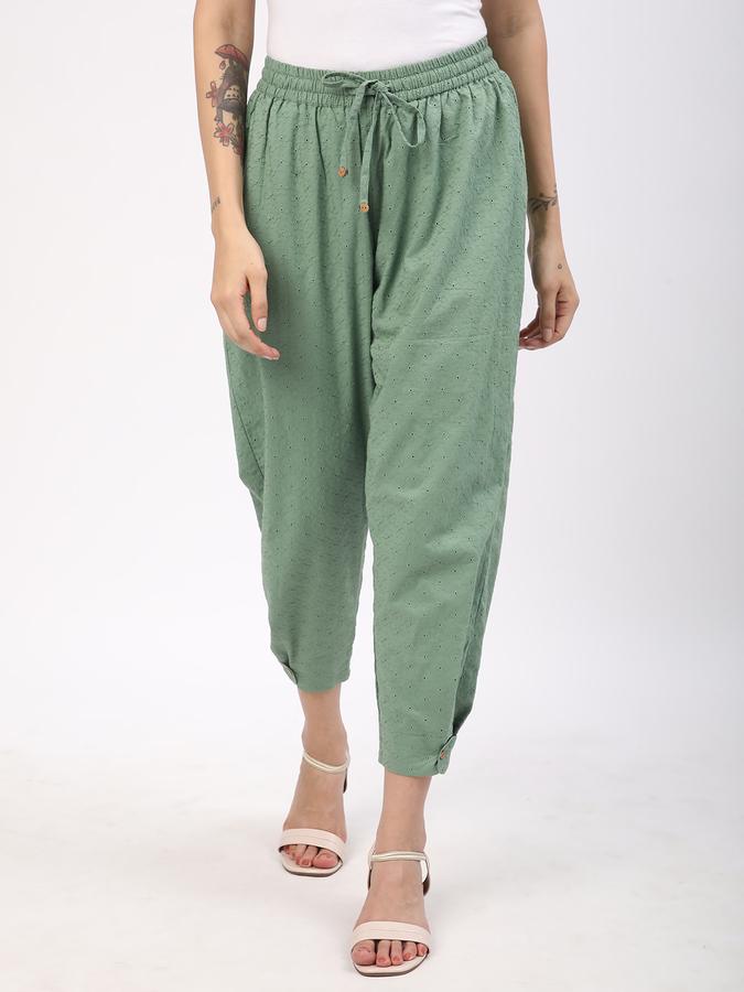 Women Cotton Tapered Drawstring Embroidered Trousers