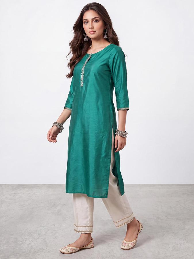 R&B Women Green Solid Round Neck Three-Quarter Sleeves Straight Kurta