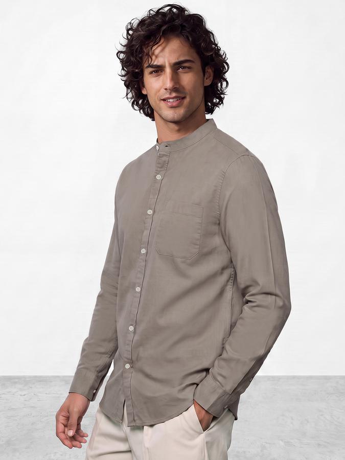 R&B Men's Sand Grey Long Sleeves Slub Mandarin Collar Shirt