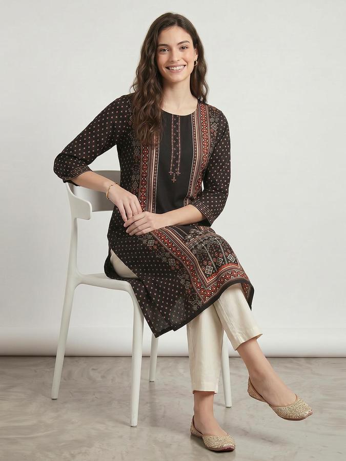 R&B Women Black Printed Round Neck Three-Quarter Sleeves Calf Length Straight Kurta 