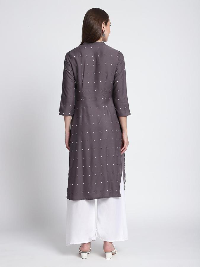 R&B Women Grey Floral Print Mandarin Collar Knee Length Pure Viscose Ethnic Kurta