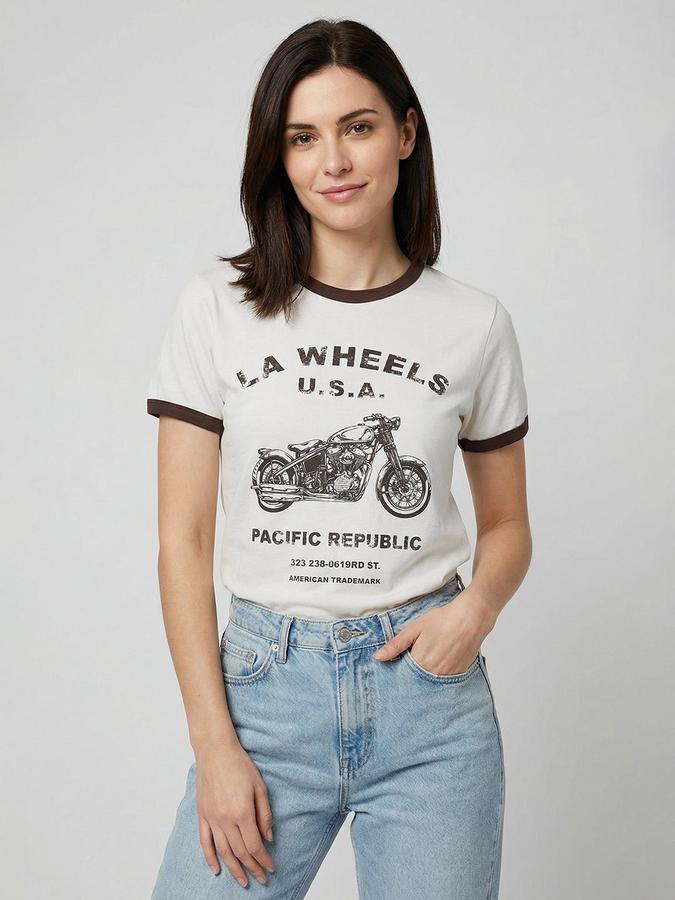 R&B Off White Printed Women Regular Fit Tshirt