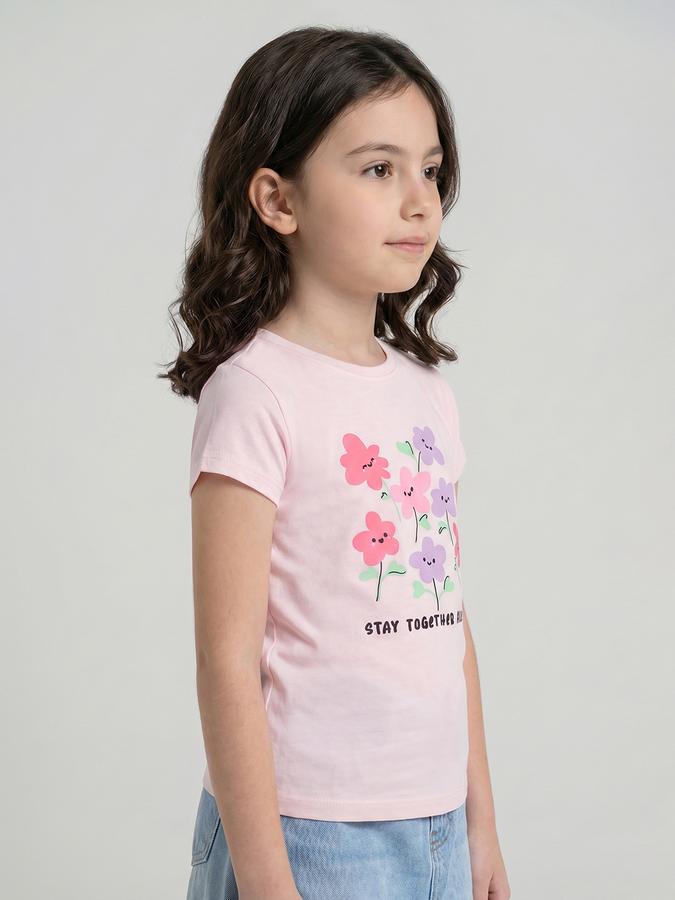 R&B Pink Graphic Print Girls Round Neck Regular Fit Short Sleeves T-Shirt 