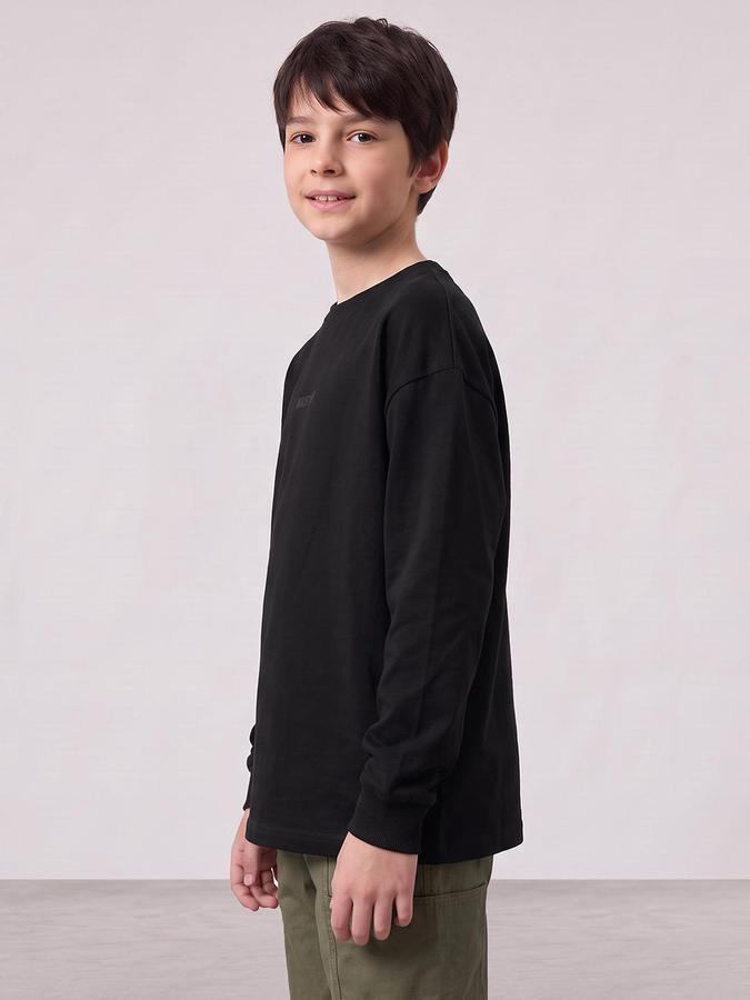 R&B Boys Black Typography Print Long Sleeves Round Neck Pure Cotton T-Shirt