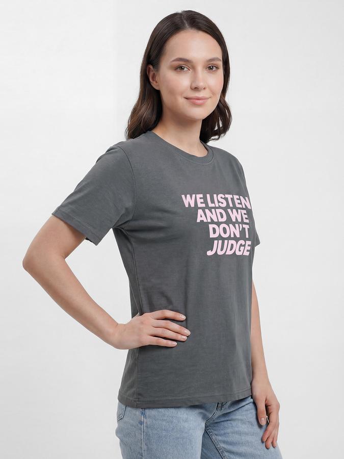 R&B Grey Typography Women Round Neck Regular Fit Short Sleeves T-Shirt 