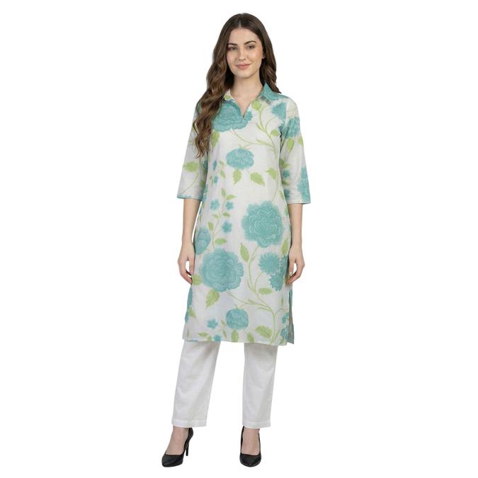 R&B Green Women Shirt Collar Three-Quarter Sleeves Kurta 