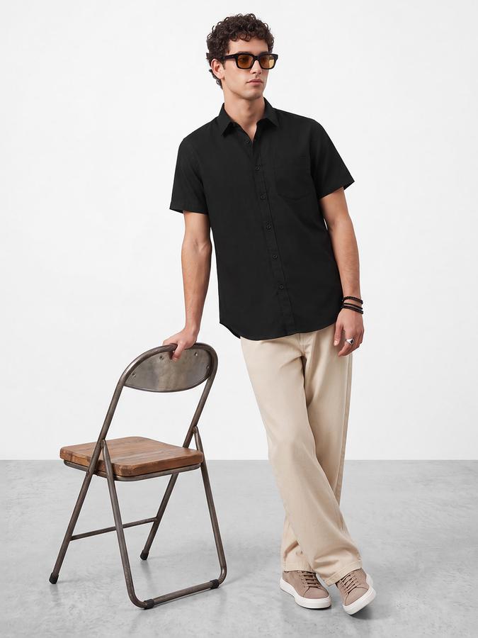 R&B Men's Black Short Sleeves Spread Collar Waffle Structure Shirt