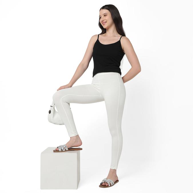 R&B Women Ivory Solid Leggings