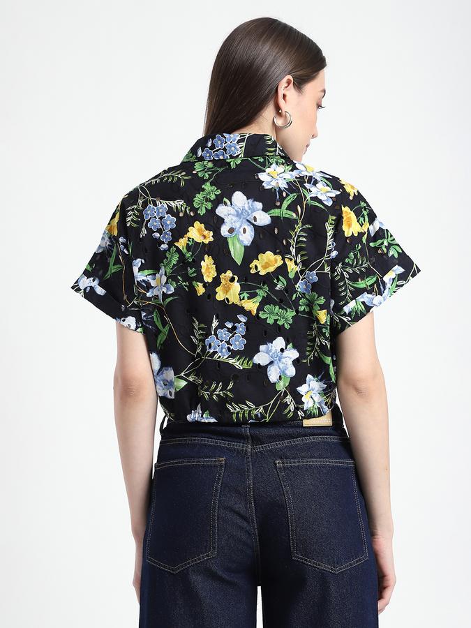 R&B Women Black Floral Print Short-Sleeve Shirt