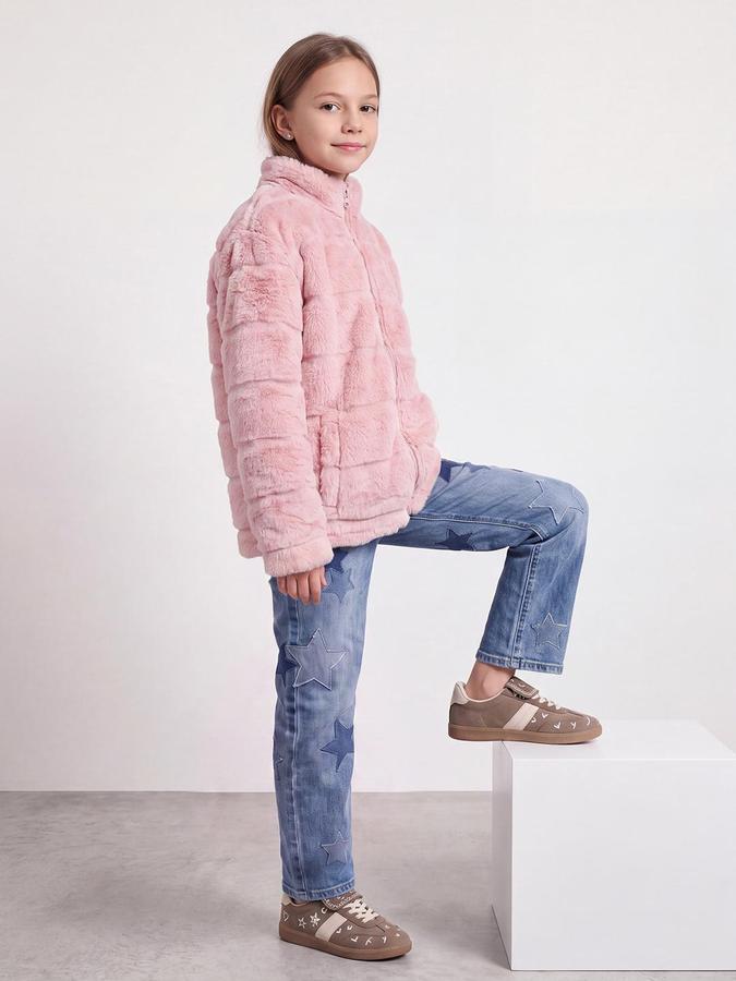 R&B Girls Pink Self Design Raised Collar Fur Jacket