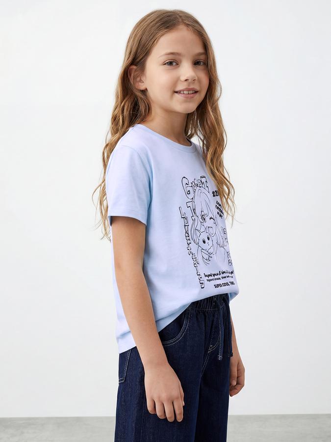R&B Girls Blue Regular Fit Kawaii Print Short Sleeve T-shirt