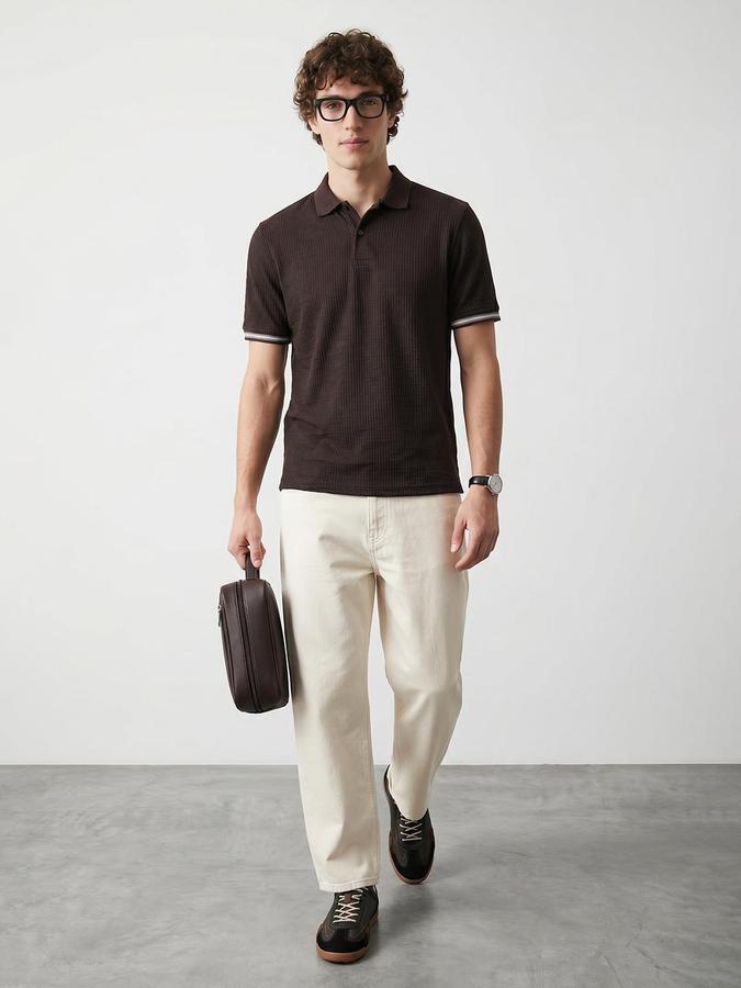 R&B Men Coffee Ribbed Short Sleeves Polo Tshirt