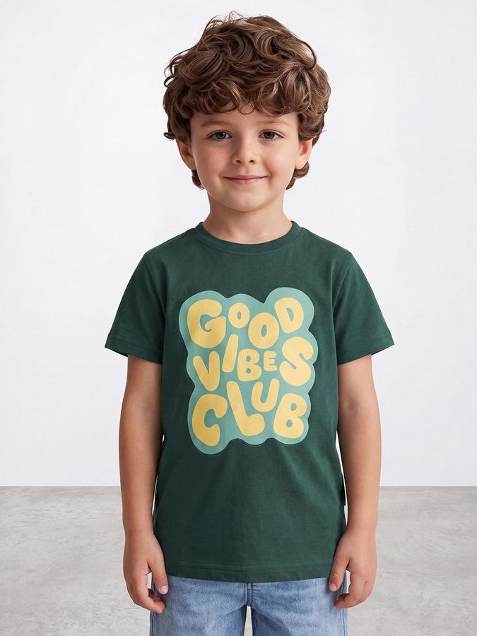 R&B Boys Green Short Sleeve Round Neck Good Vibes Club Graphic Print T-Shirt