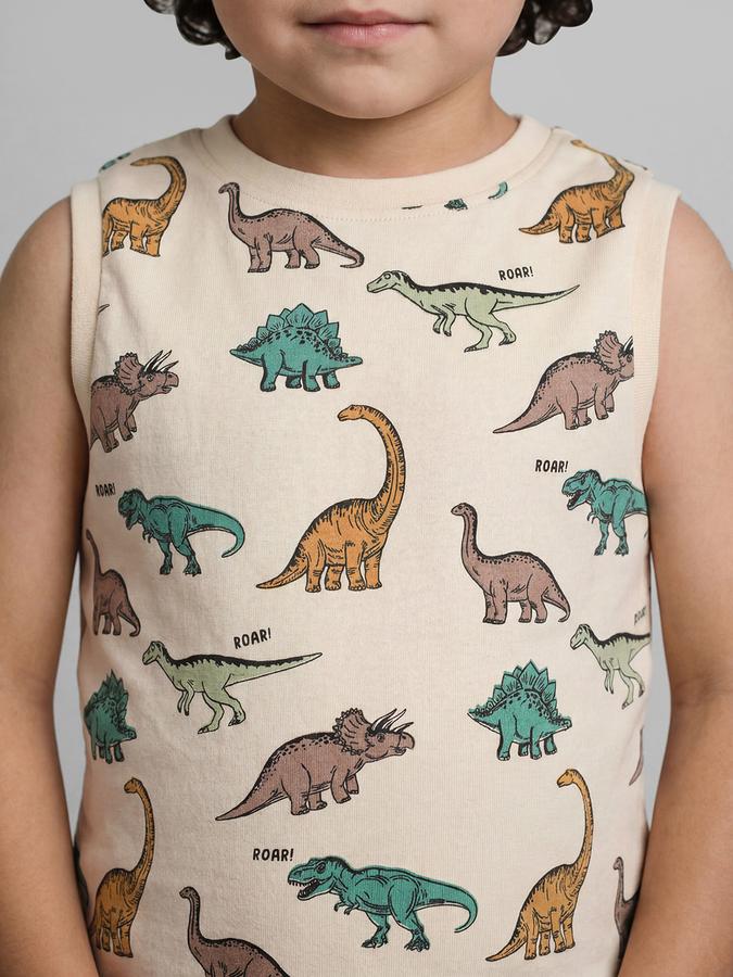 R&B Beige Graphic Print Boys Round Neck Regular Fit Sleeveless T-Shirt 