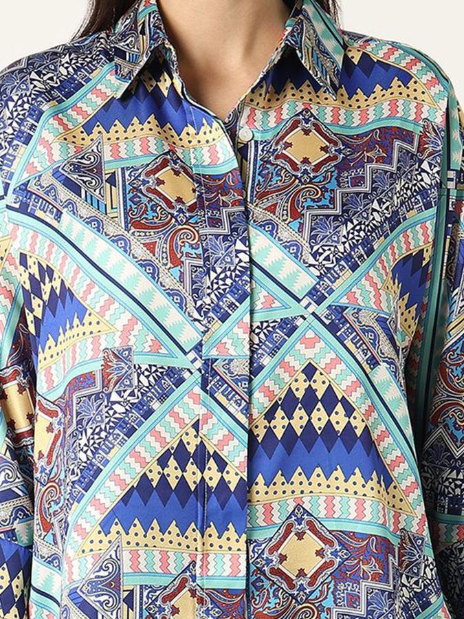 R&B Women Blue Geometric Print Long Sleeves Shirt 