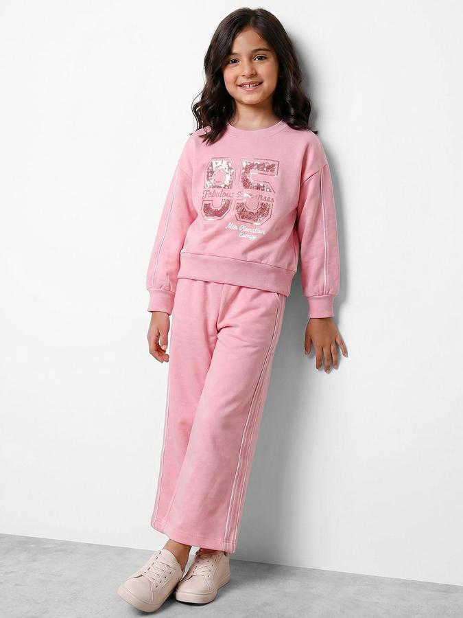R&B Girls Pink Printed Long Sleeves Round Neck Sweatshirt& Joggers Set 
