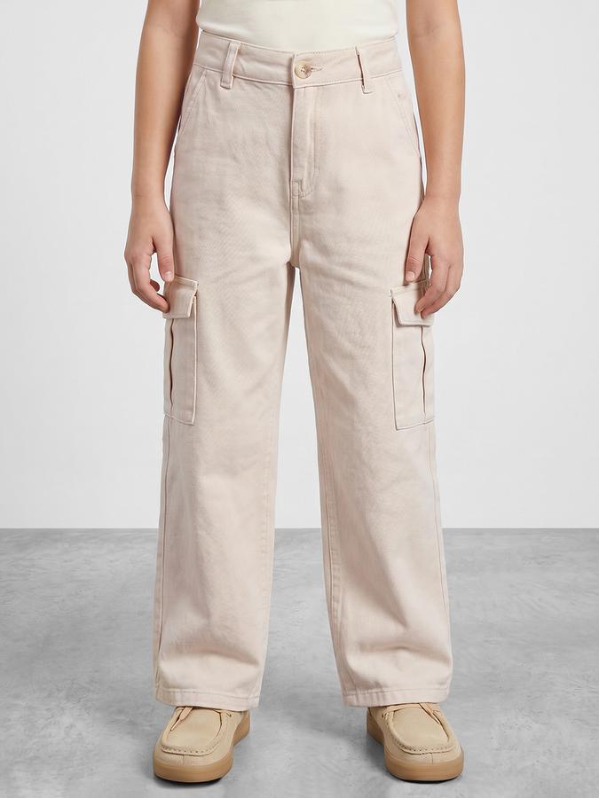R&B Girls Beige Wide Leg Solid Mid-Rise Cotton Trouser