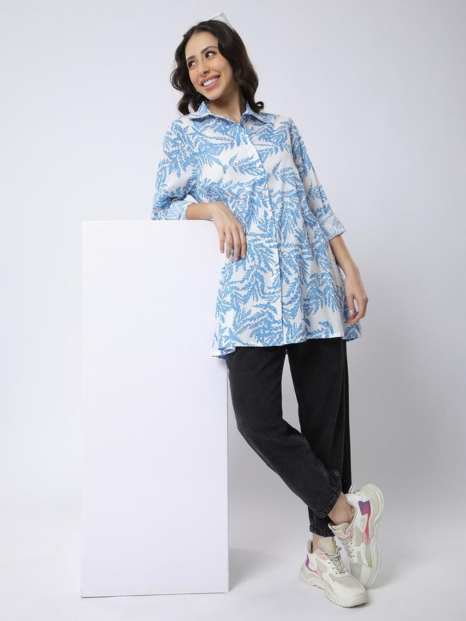 R&B Women Blue Leaf Print Oversized Shirt