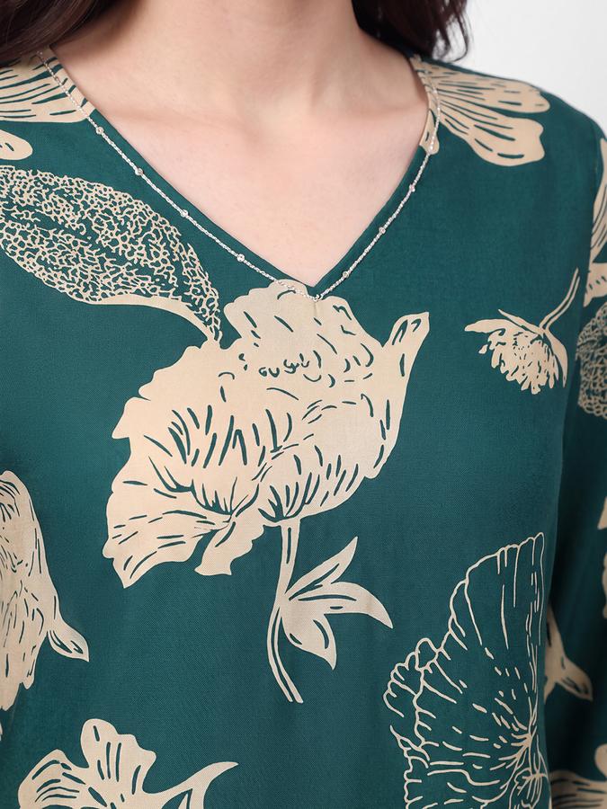 R&B Womens Teal Green Three-Quarter Sleeves V Neck Floral Printed Straight Kurta