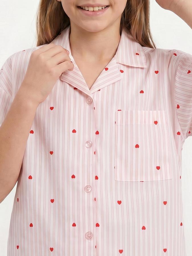 R&B Girls Pink Striped Shirt Collar Short Sleeves Pure Cotton Shirt &amp; Shorts Set