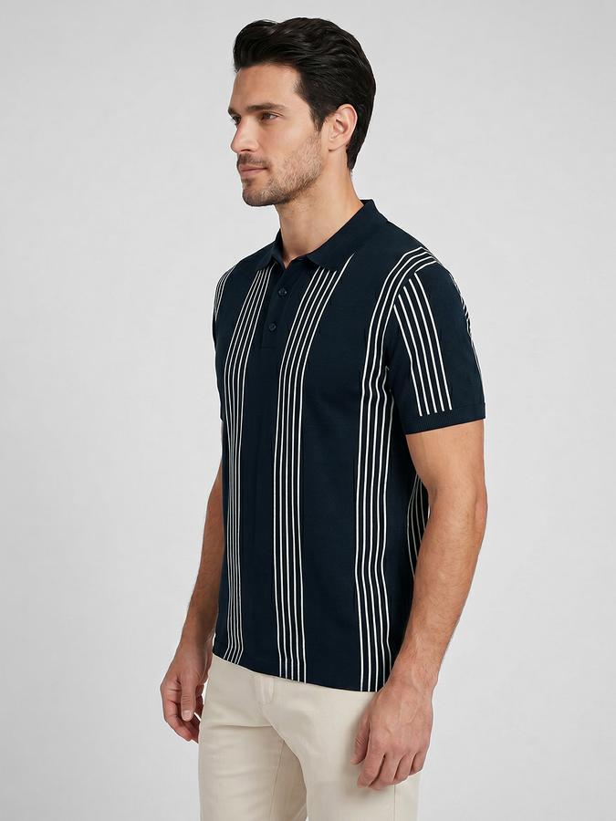 R&B Navy Blue Striped Men Polo Collar Regular Fit Short Sleeves T-Shirt 