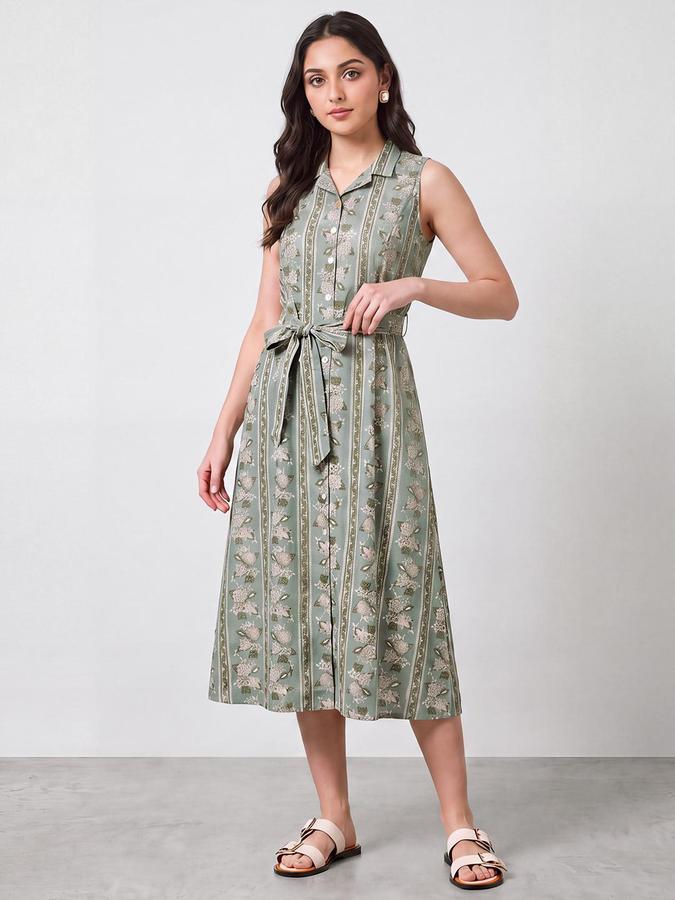 R&B Women Ethnic Green Floral Print A-Line Dress