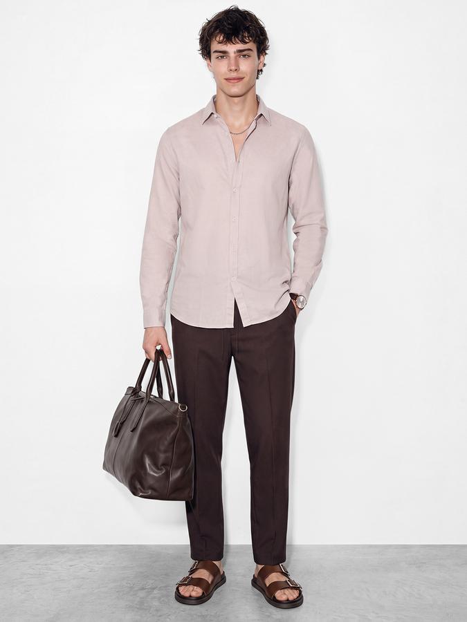 R&B Men's Beige Long Sleeves Spread Collar Cotton Slub Shirt