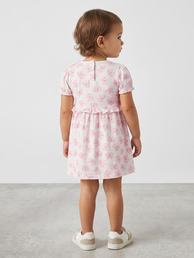R&B Girl White Butterfly Print Pure Cotton Puff Sleeves Fit and Flare Dress