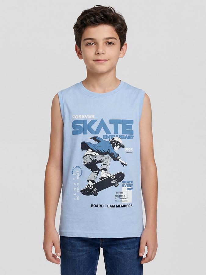 R&B Blue Graphic Print Boys Round Neck Regular Fit Sleeveless T-Shirt 