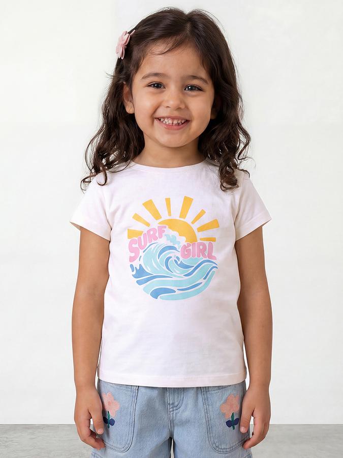 R&B Girls White Regular Fit Graphic Print Short Sleeve T-shirt