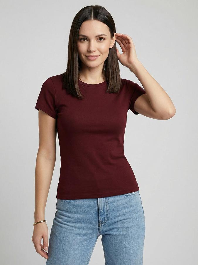 R&B Maroon Solid Women Fitted Top 