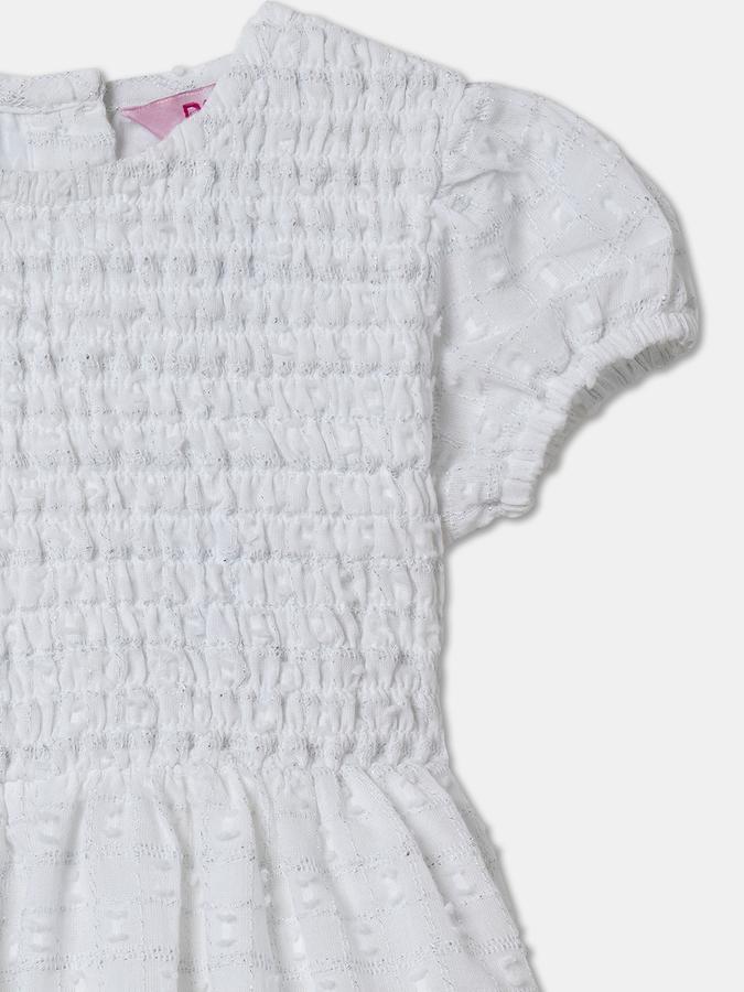 Girls Textured Puff Sleeve Round Neck Knee Length Dress
