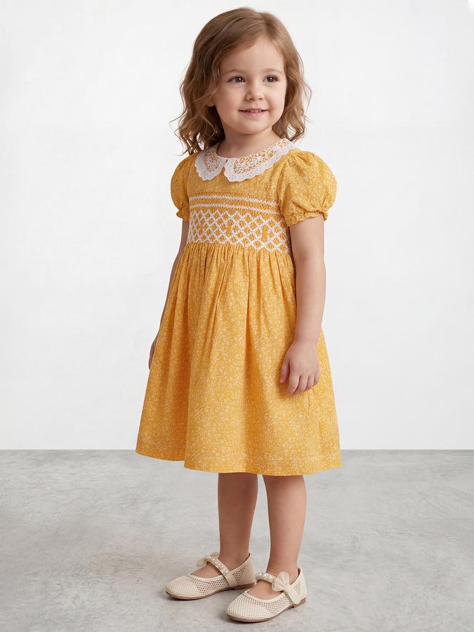 R&B Girl Yellow Floral Print Pure Cotton Puff Sleeves Fit and Flare Dress