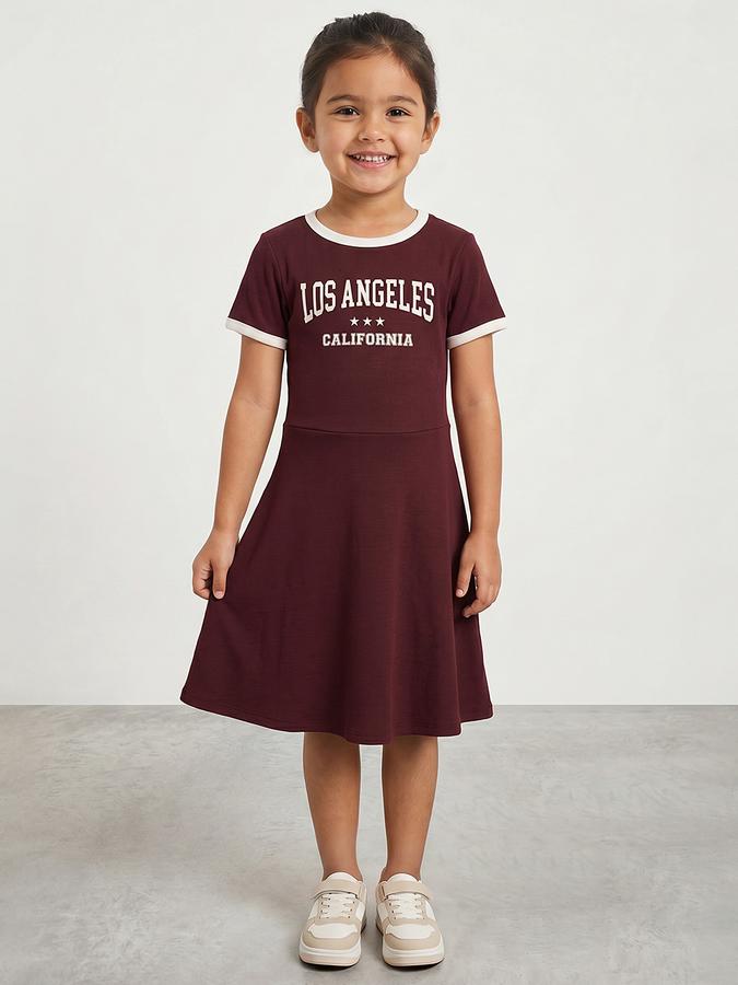 R&B Girl Brown California Graphic Print Pure Cotton Short Sleeves A-Line Dress