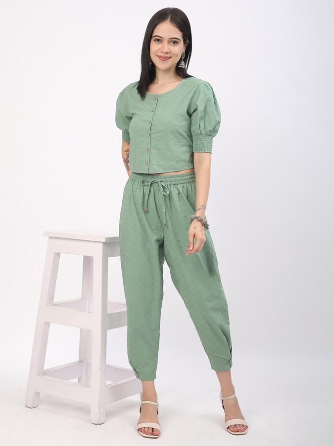Women Cotton Tapered Drawstring Embroidered Trousers