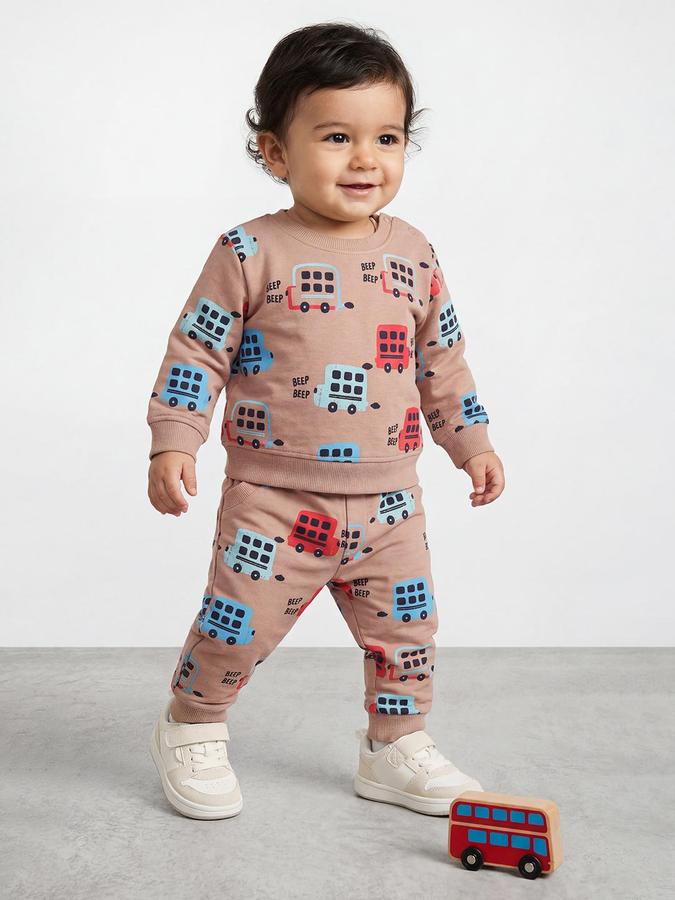 R&B Boys Brown Printed Long Sleeves Round Neck Sweatshirt& Joggers Set 