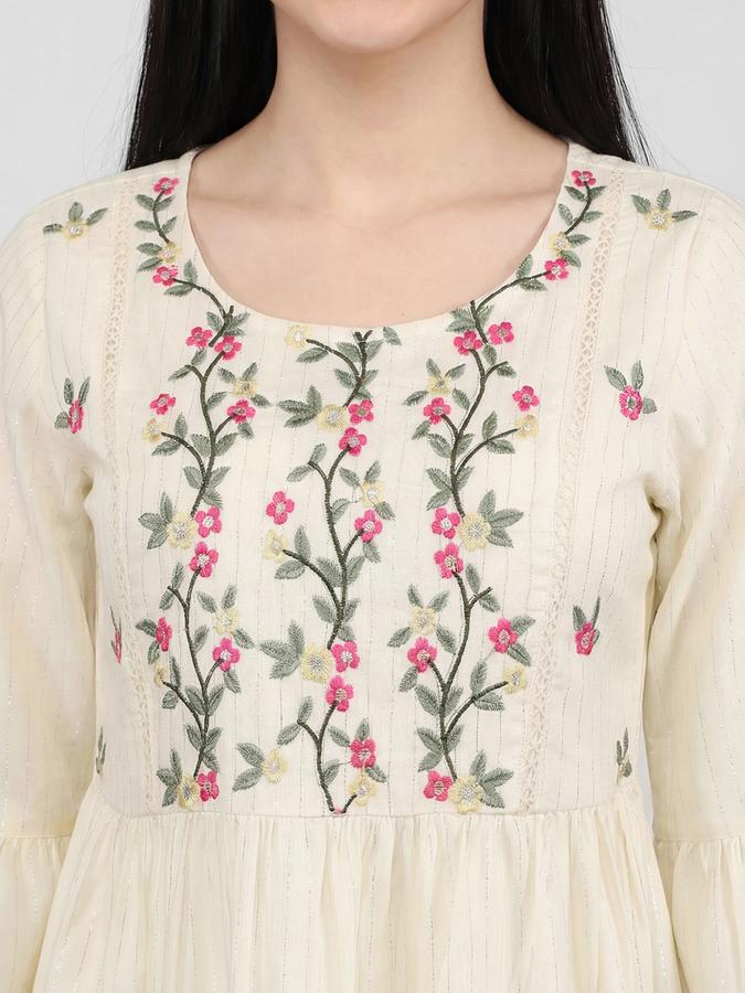 R&B White Embroidered Round Neck Three-Quarter Sleeves Fit and Flare Mini Women Dress