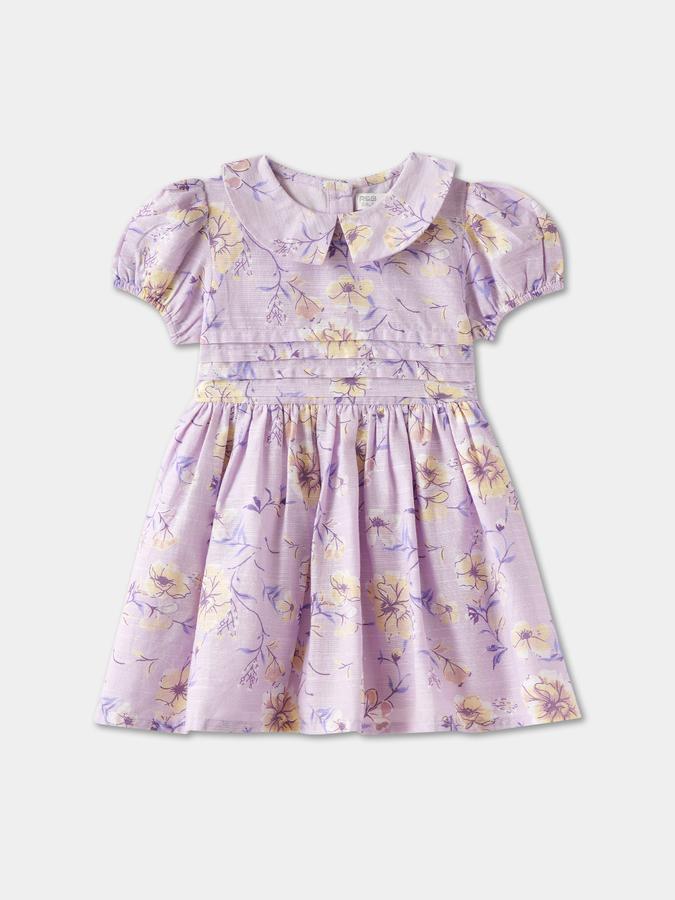 Girls Floral Puff Sleeve Peter Pan Collar Fit & Flare Dress