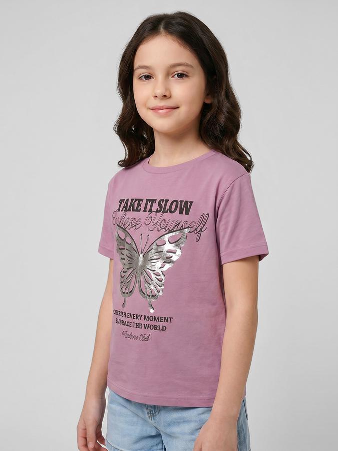 R&B Pink Graphic Print Girls Round Neck Regular Fit Short Sleeves T-Shirt 