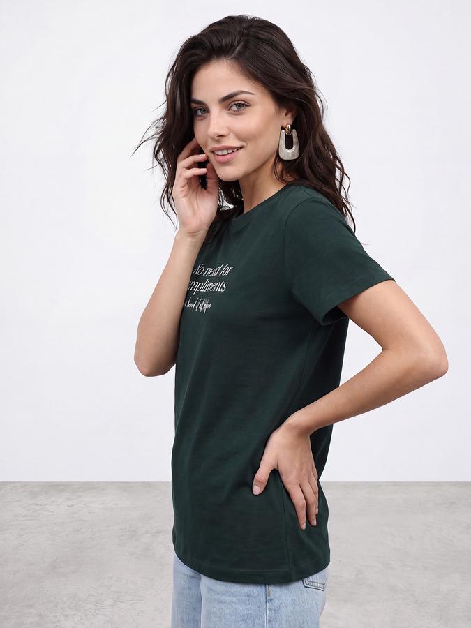R&B Women Pine Green Bold Typographic Print Short Sleeves Pure Cotton Tshirt