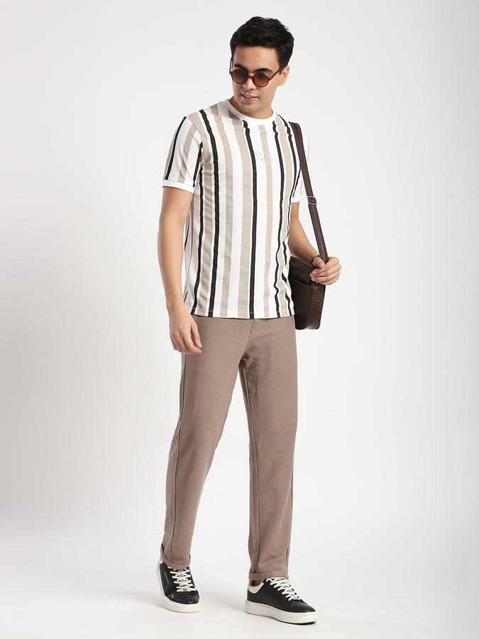 Men Cotton Blend Regular Fit Drawstring Waist Textured Trousers