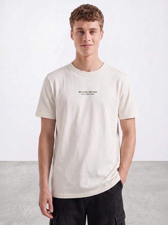 R&B Men Cream Typographic Print Short Sleeves Pure Cotton Tshirt