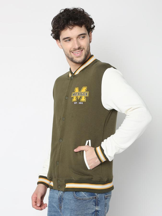 Men Cotton Regular Fit Patched Varsity Jacket