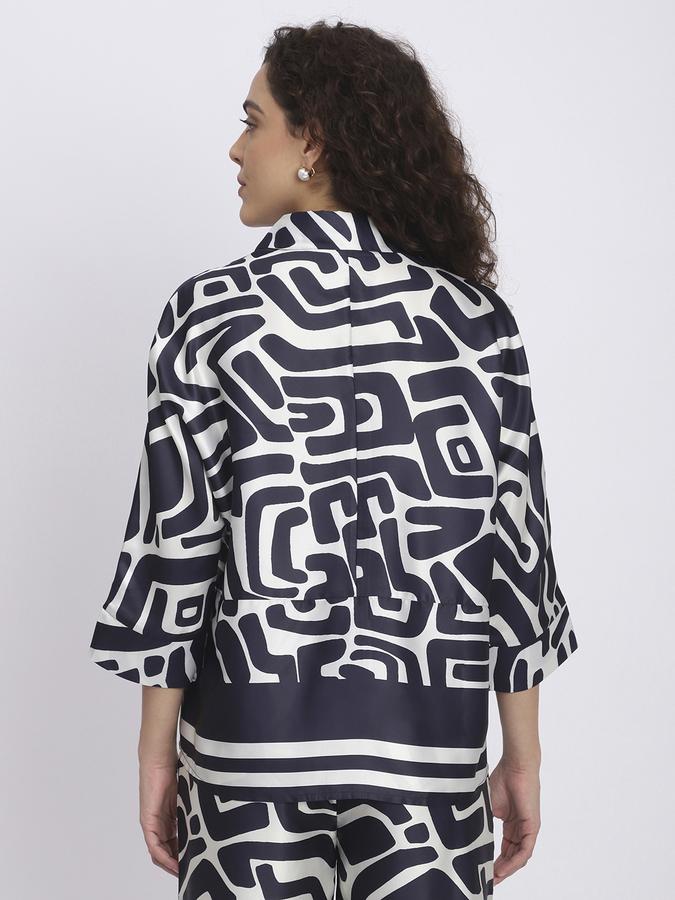 R&B Womens BLUE Printed Shirt Collar Three-Quarter Sleeves Tops 