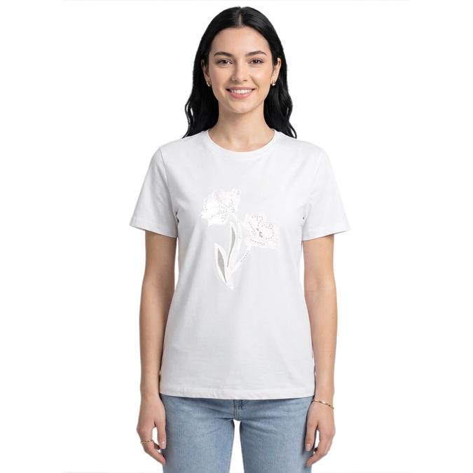 R&B Women White Cotton Printed Round Neck T-Shirt