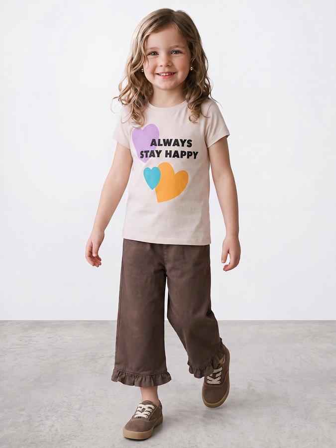 R&B Girls Cream Typography Printed Round Neck Short Sleeve T-Shirt