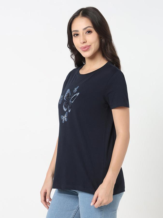 R&B Women Navy Blue Floral Graphic Print T-Shirt