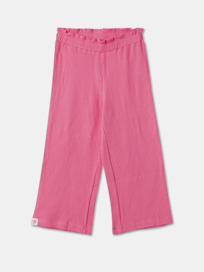 Girls Solid Short Sleeve Ribbed Top with Trousers Set