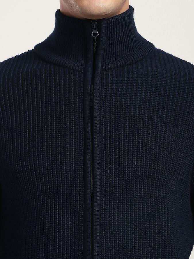 R&B Men Navy Blue Mock Collar Ribbed Long Sleeves Sweater