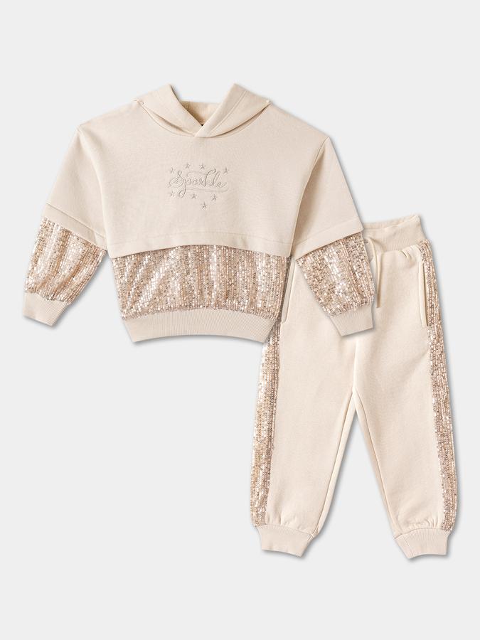 Girls Fleece Sequin Hooded Sweatshirt And Trousers Set